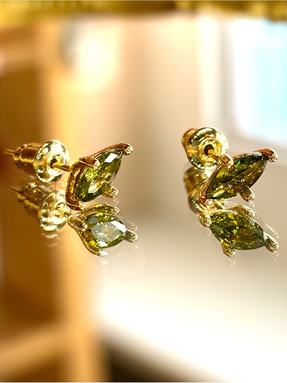 New Gold Tone Minimalist Marquise Cut Peridot(CZ) stud earrings